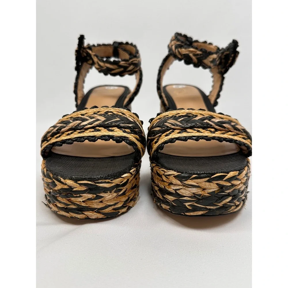 Sam Edelman Iliana Raffia‎ Platform Sandals 9.5 Black Natural Woven Ankle Strap